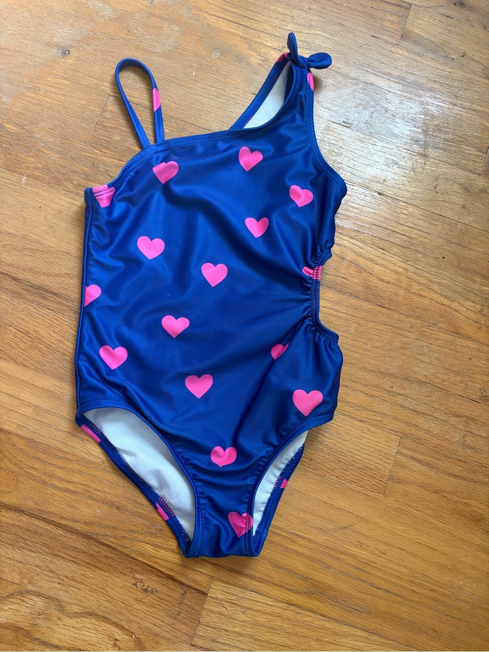 Cat & Jack Navy Blue One-Shoulder Swim Suit with Pink Hearts